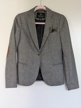 Maison Scotch Gray Herringbone Tweed Blazer Elbow Patches Size 1 Small